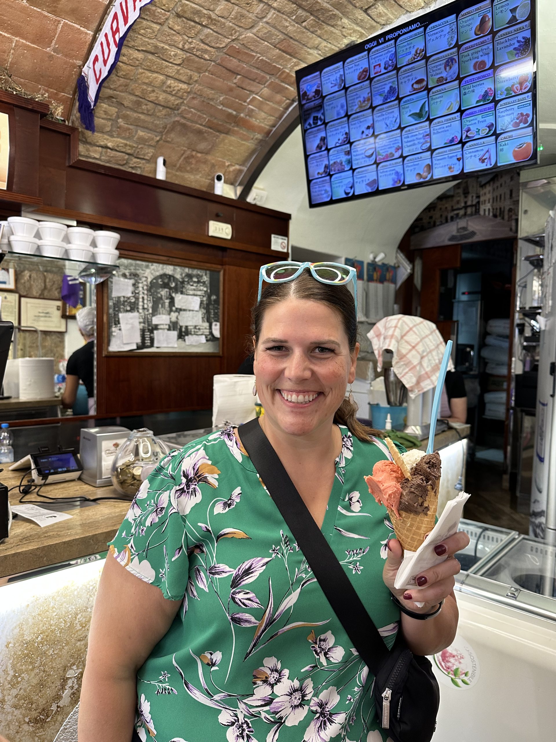 Author holding a multi-flavor gelato cone