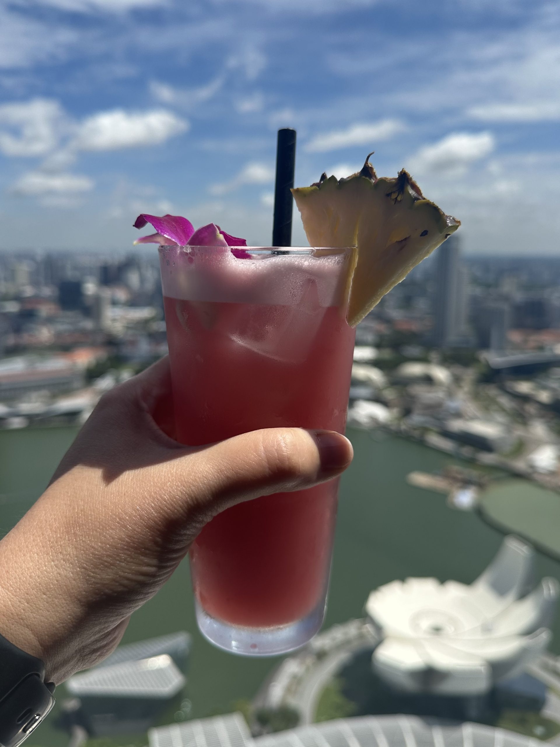 Family Adventure to Singapore, holding a tropical drink at the Ce La Vie rooftop bar at Marina Bay Sands