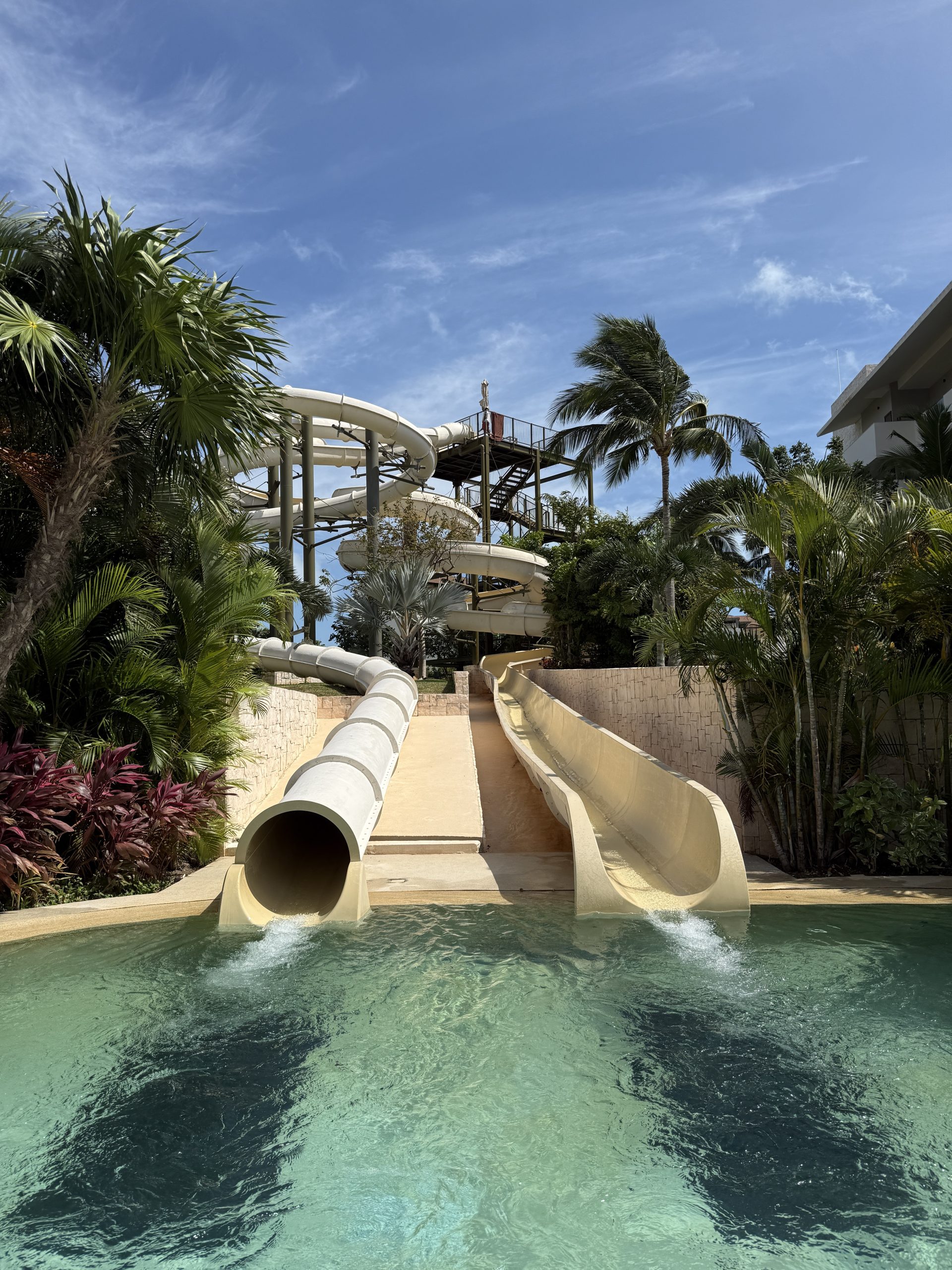 On-site water park slides at Dreams Playa Mujeres Golf and Spa Resort, Mexican Caribbean